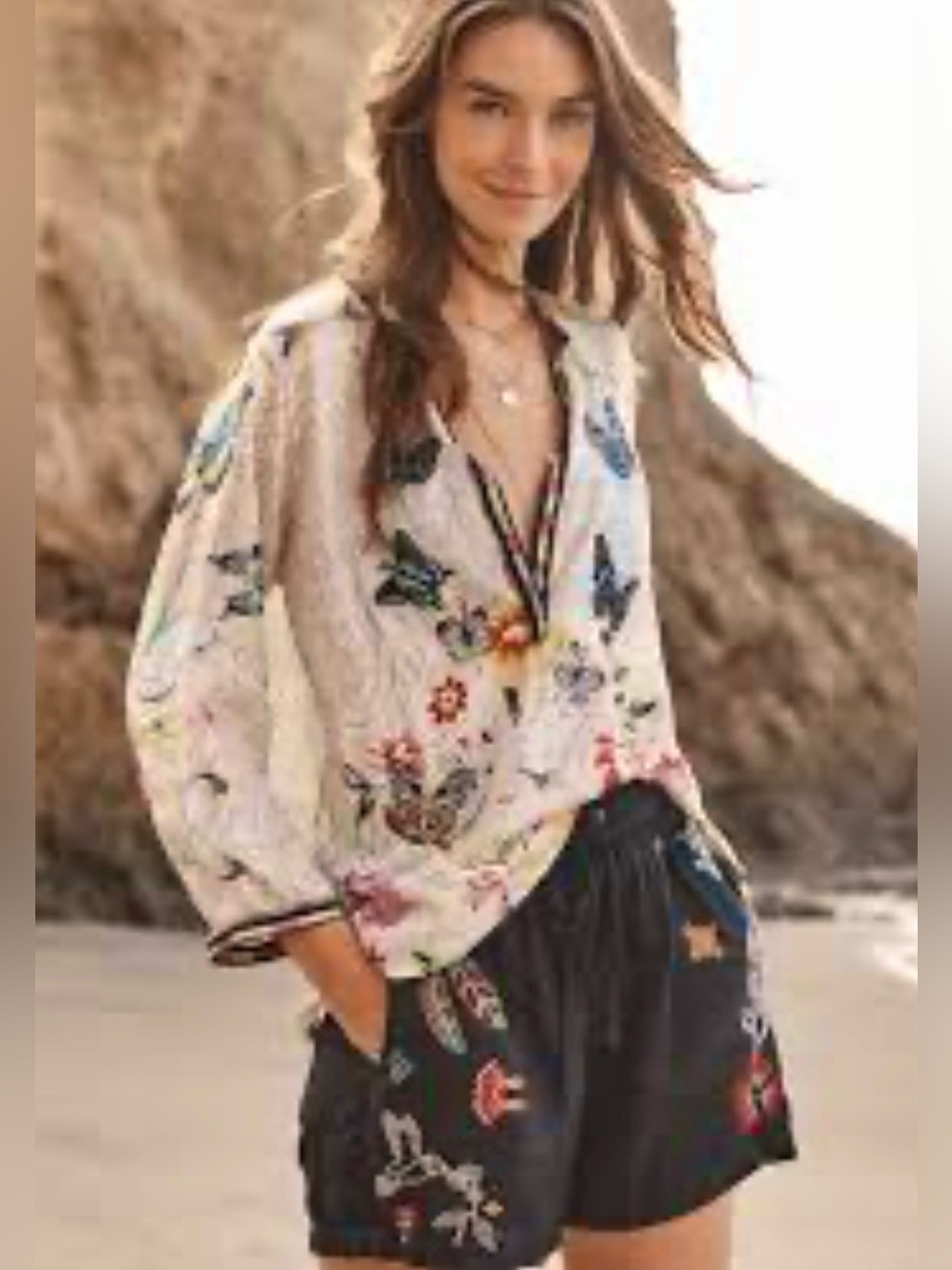 Johnny Was Kendra embroidered butterfly v nk silk tunic WM XS boho luxury